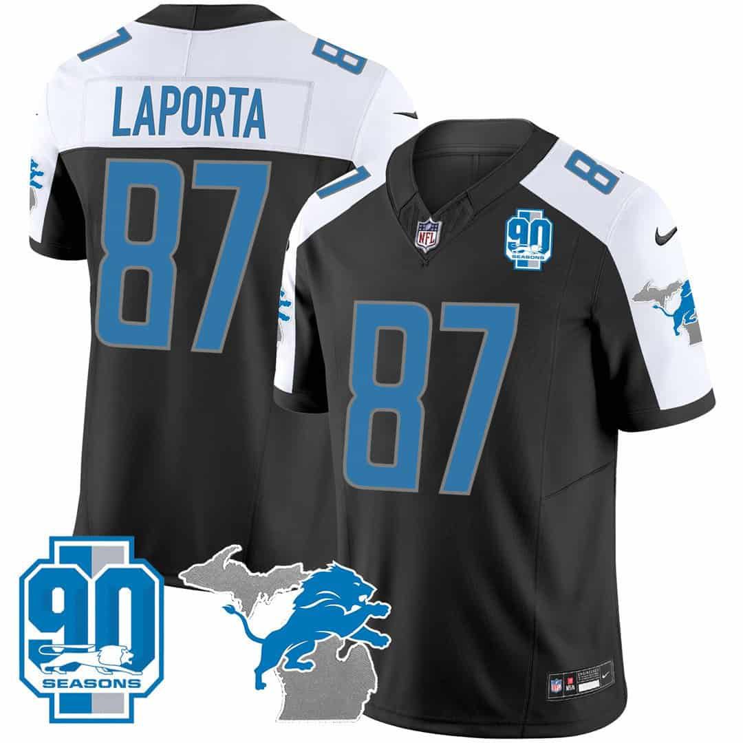 Men Detroit Lions #87 Laporta Black 2024 Nike 90th Year Michigan Patch Vapor NFL Jersey